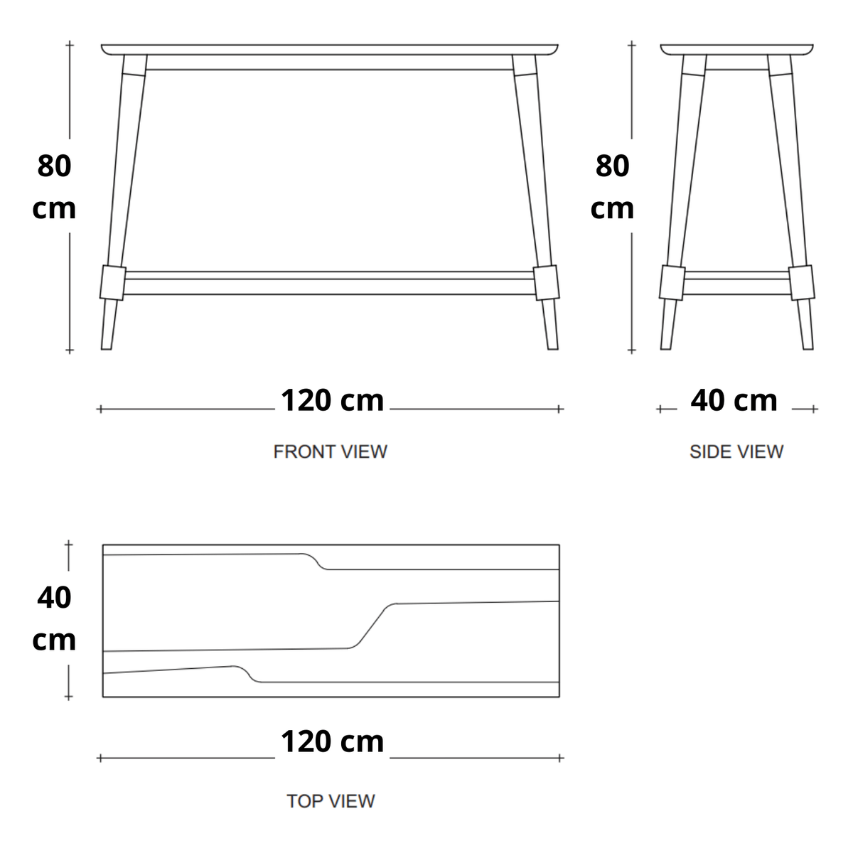 120cm x 40cm x 80cm, front & side view