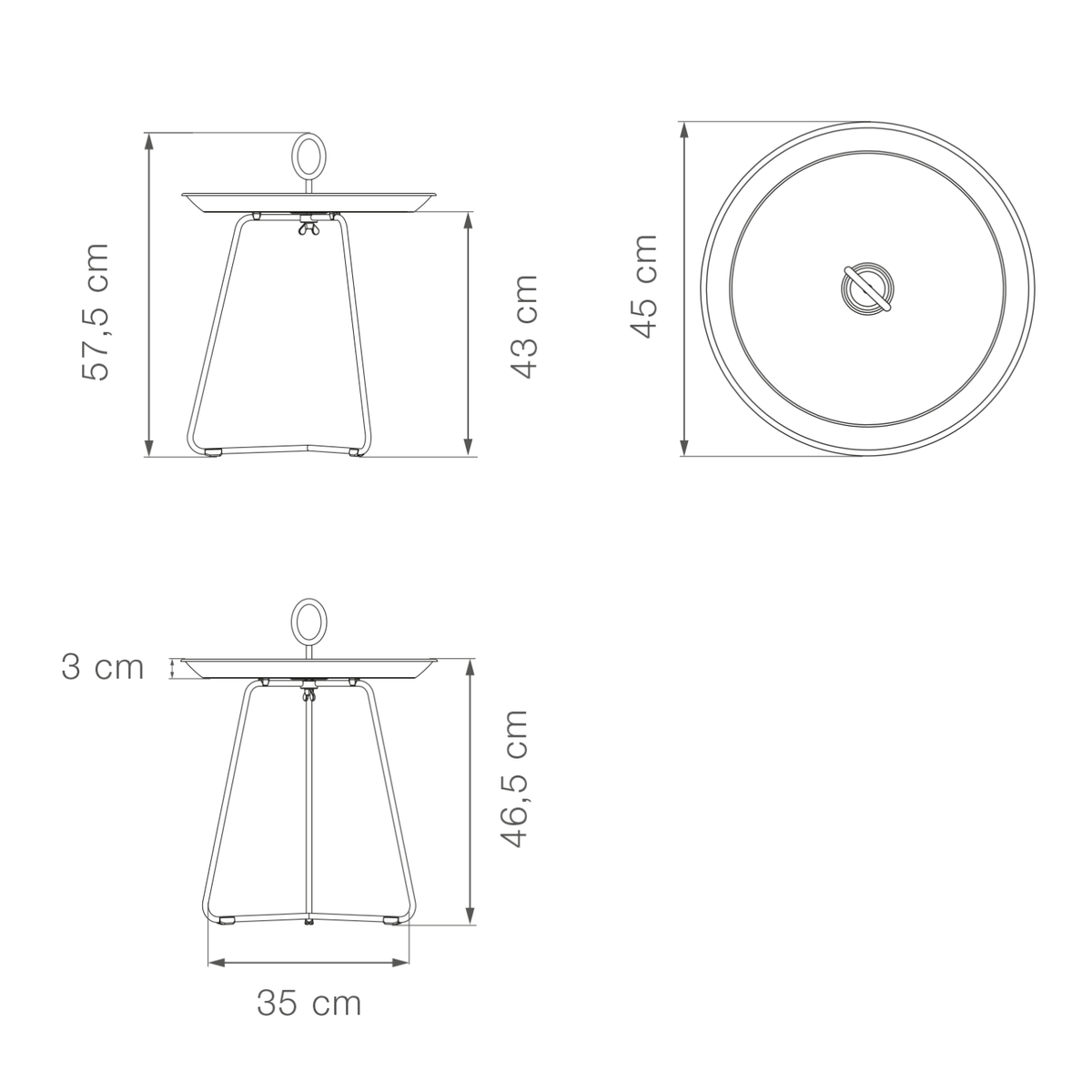 Diagram of a round side table with dimensions.