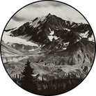 Black and white mountain landscape in a circle