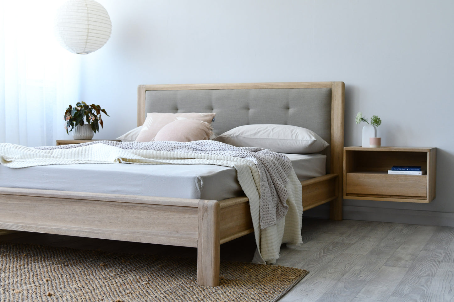 Circa Queen Bed without Storage - European White oak and fabric Headboard