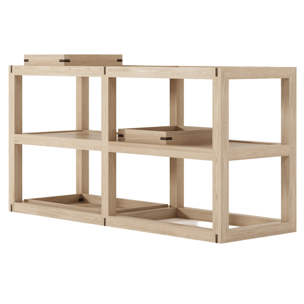 Wooden shelving unit with trays