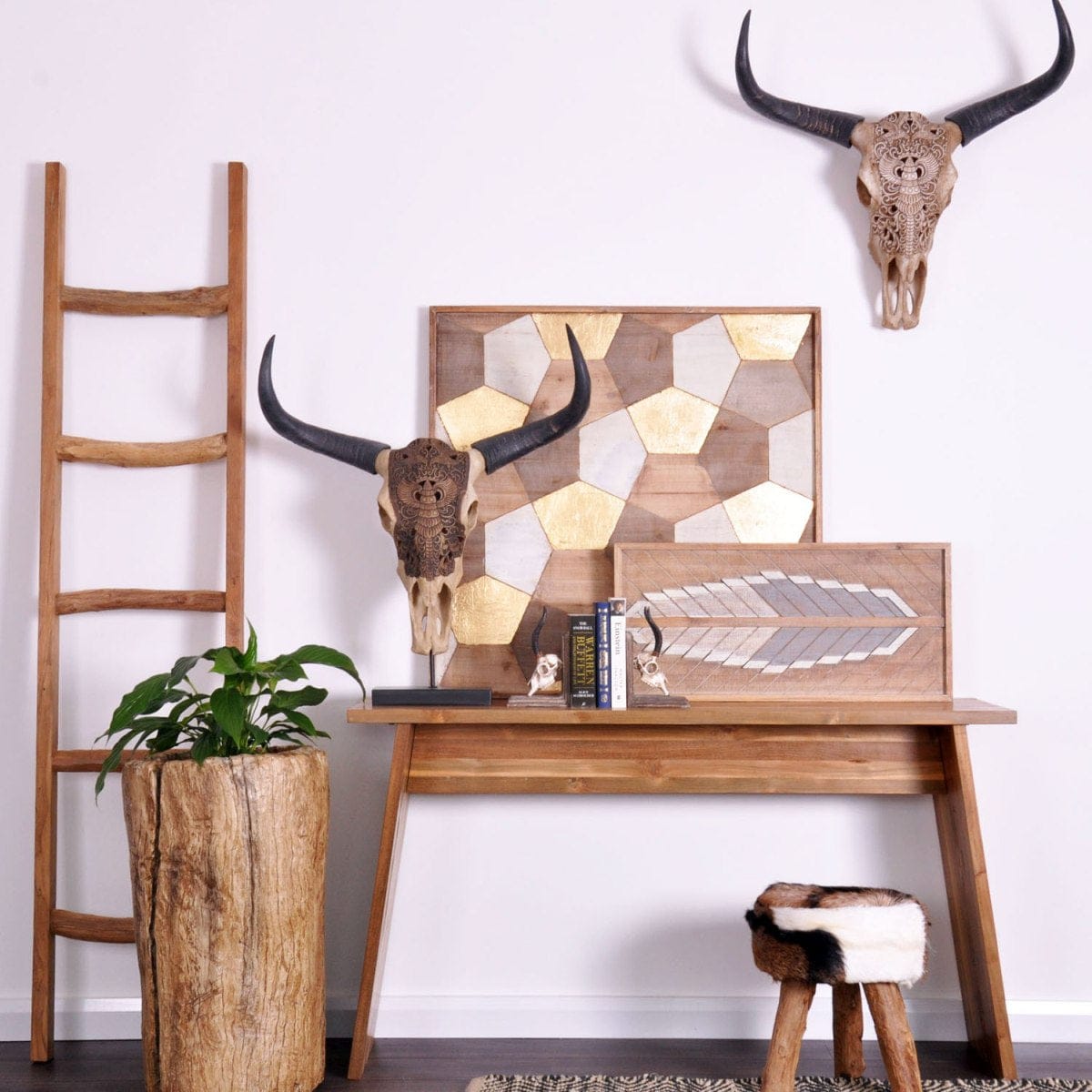 Rustic decor with bull skull and wooden accents