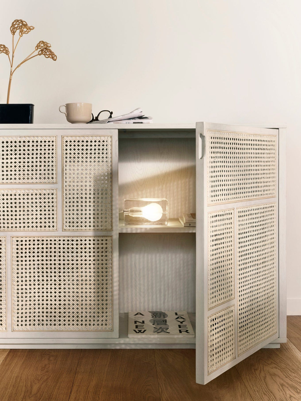 Block Lamp lit inside white cabinet - lifestyle